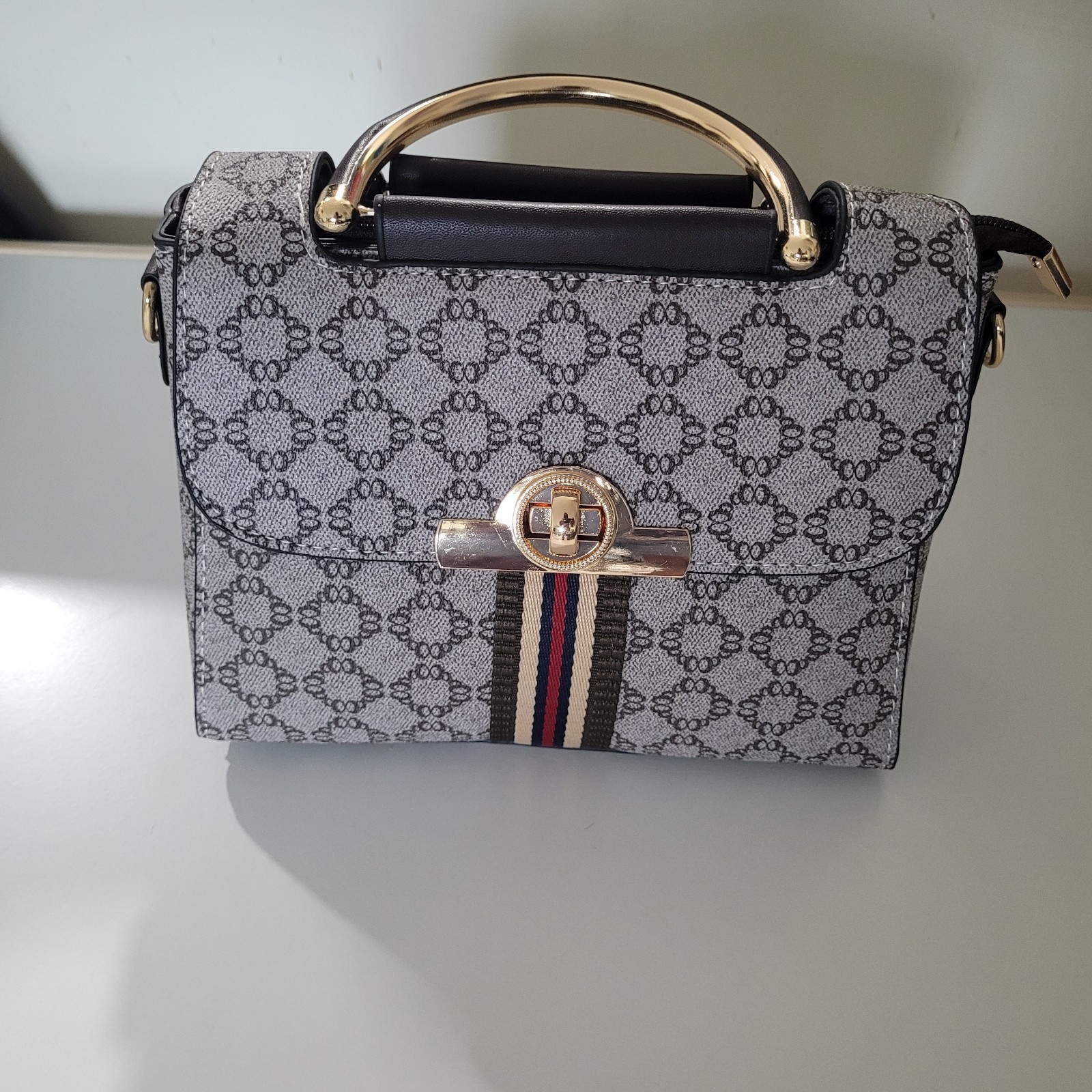 Gray Black Geometric Satchel with Gold Hardware, Top Handle, Detachable Strap