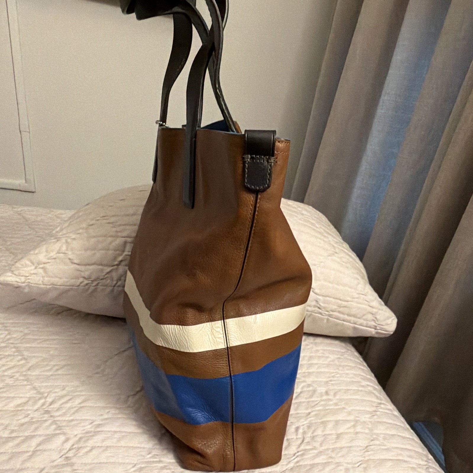 Coach Brown/Blue/White Colorblock Reversible Tote Detachable Strap Pockets