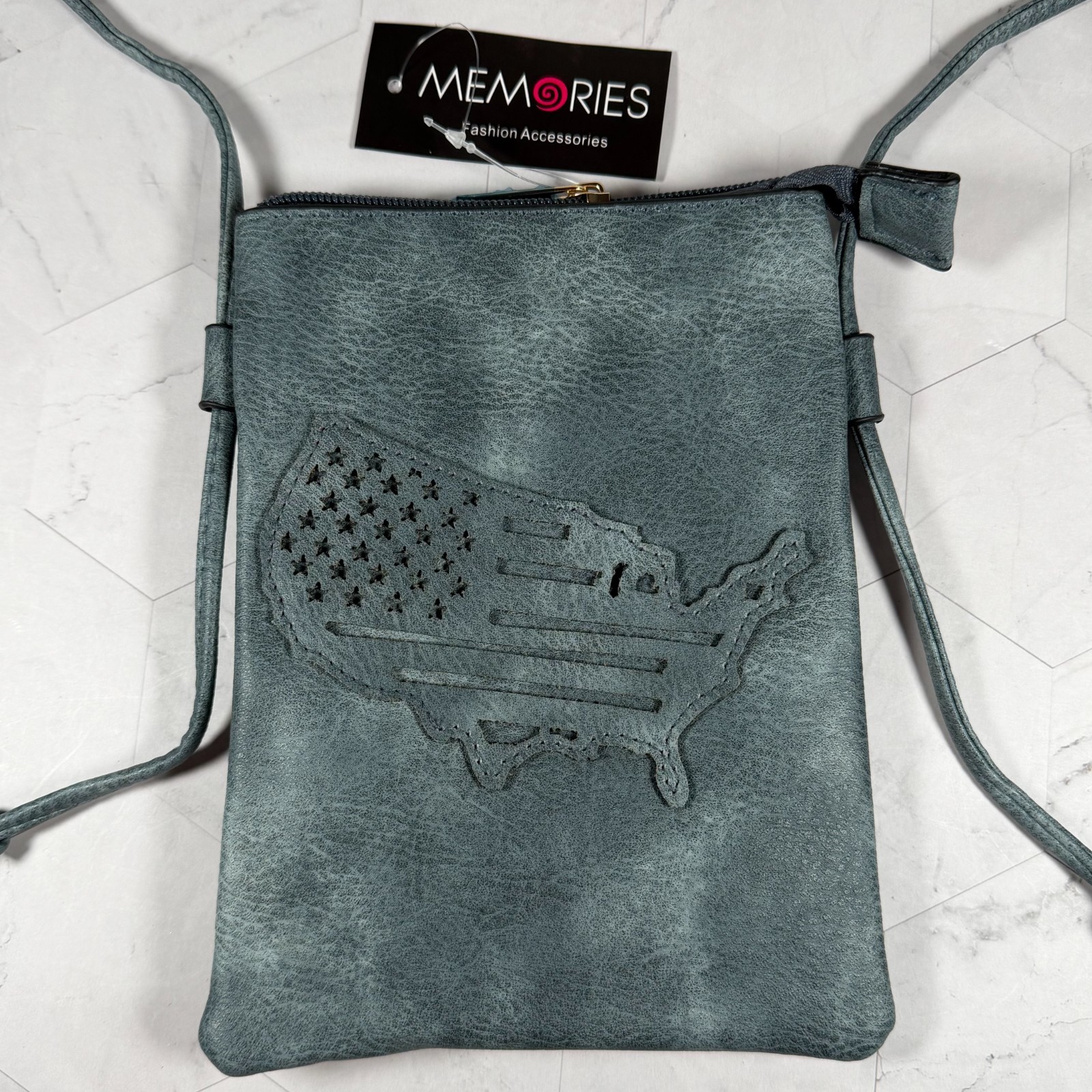 American Flag Map Phone Holder Faux Leather Zip Crossbody Purse Two Pocket Blue