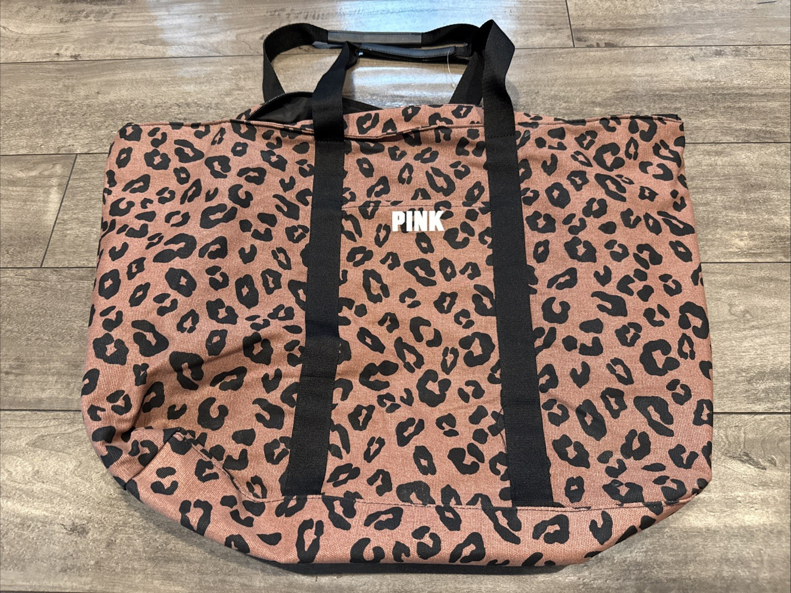 Victoria’s Secret PINK Brown Black Leopard Print Zip Travel Tote Canvas Bag