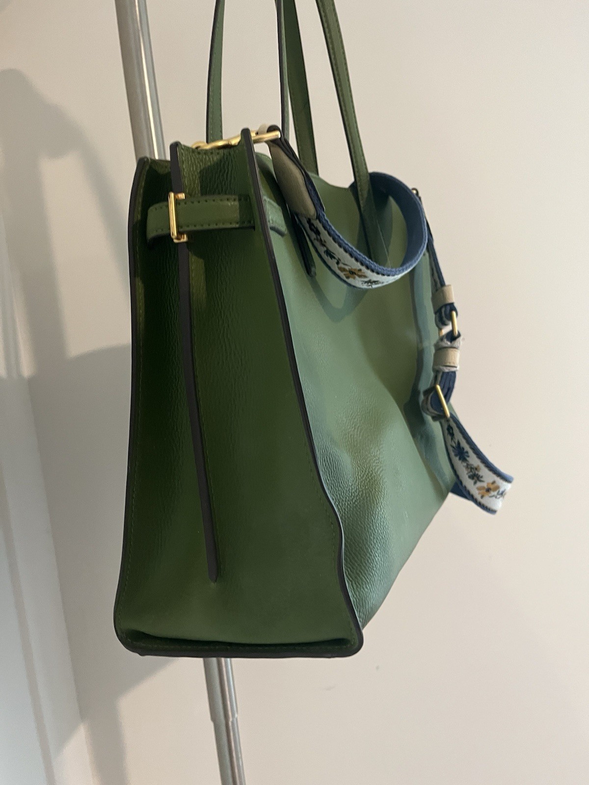 Tory Burch Walker Spinach Green Leather Webbing Strap Satchel/Tote Bag EUC