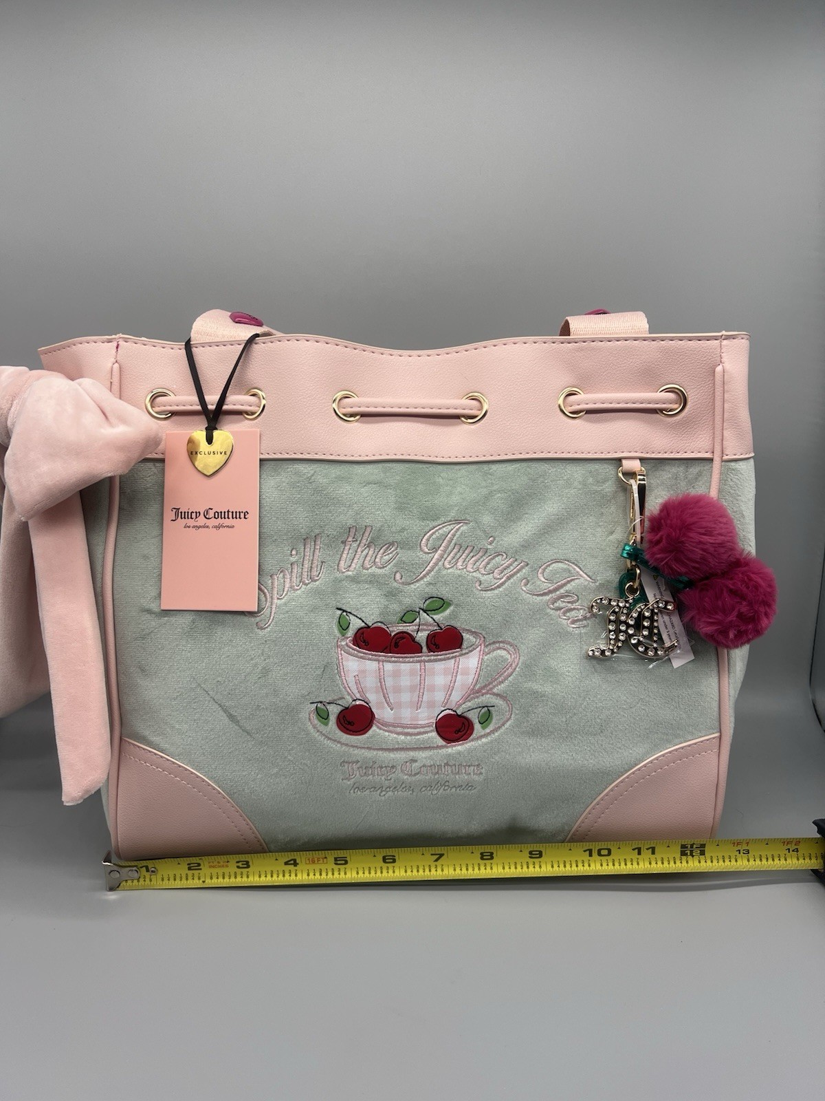 Juicy Couture Pink/Green velour sweet tea party Tote w/ Bow Cherry Charm