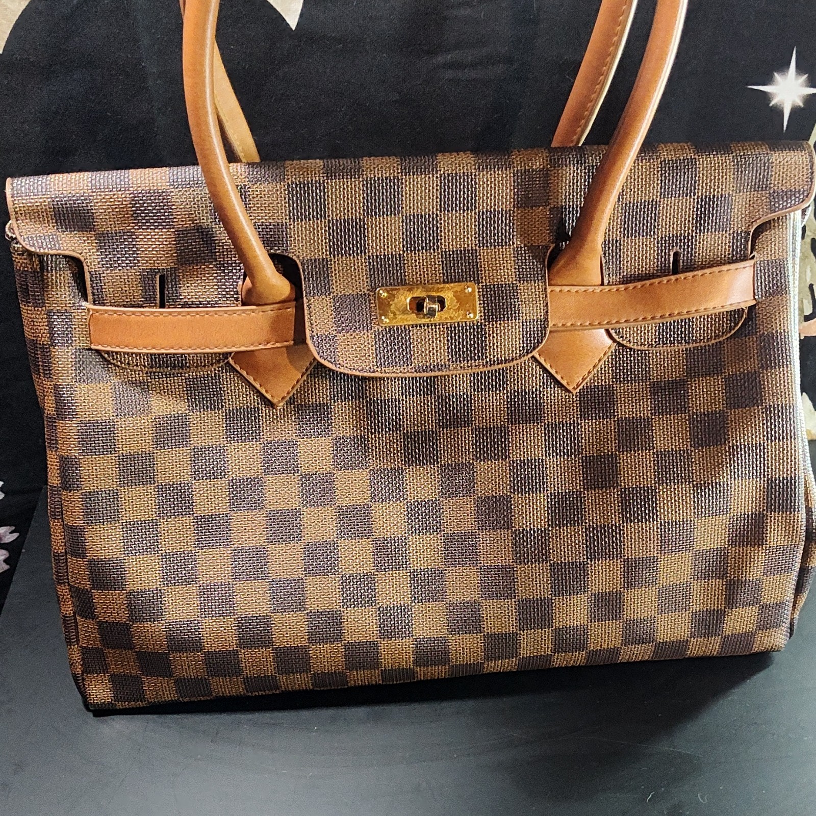 Brown Faux Leather Checkered Purse Gold Metal Clasp