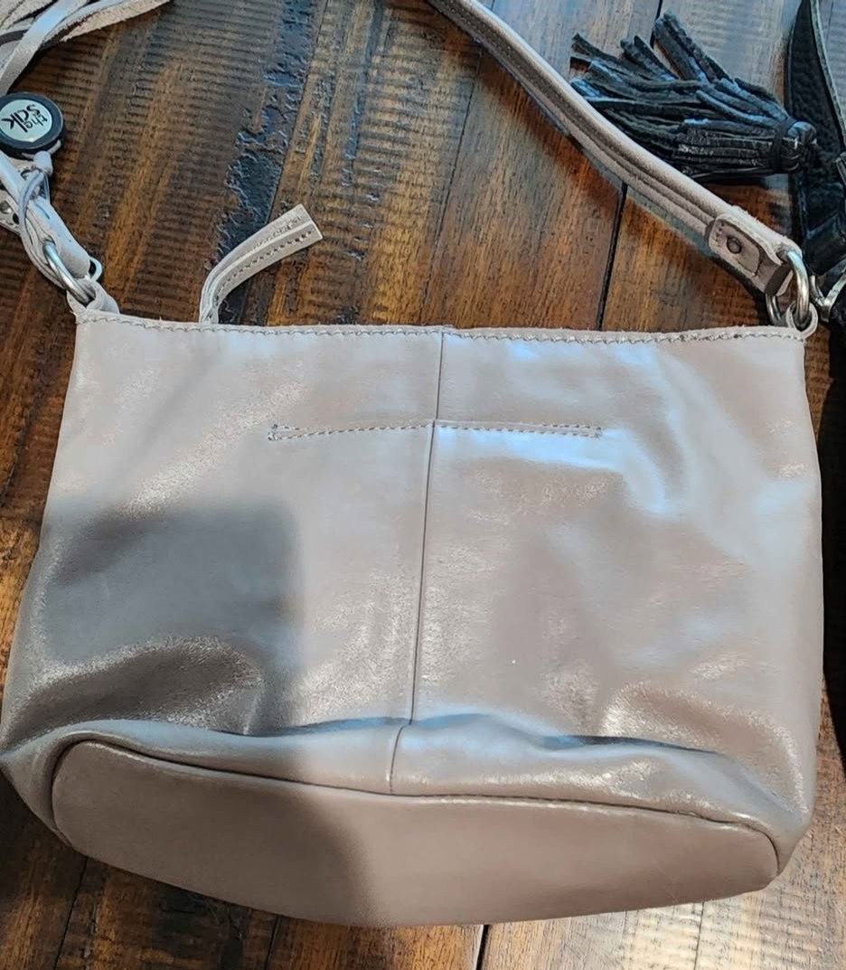 The Sak Indio Gray Leather Studded Tassel Shoulder Bag Hobo Zip Top Medium