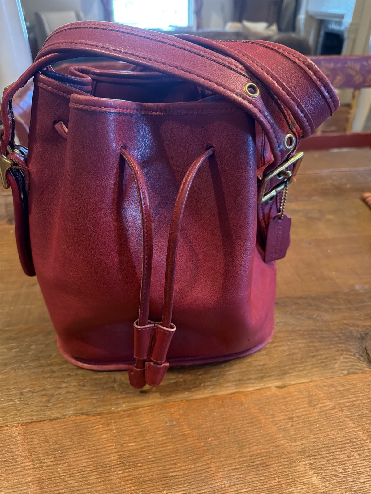 COACH 9952 Vintage Red Leather Drawstring Shoulder Bag Bucket Bag Y2K