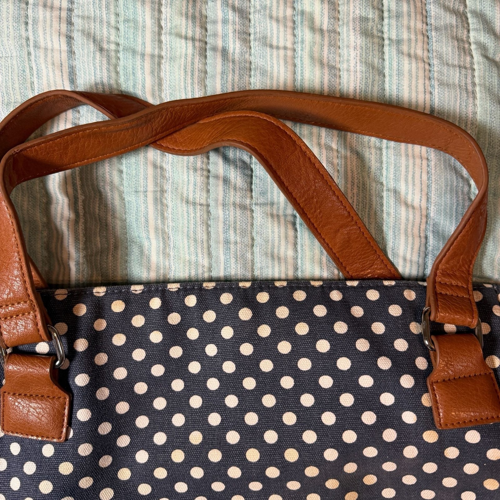GA Logo Navy and White Polka Dot Canvas Tote Bag with Brown Leather-Look Trim