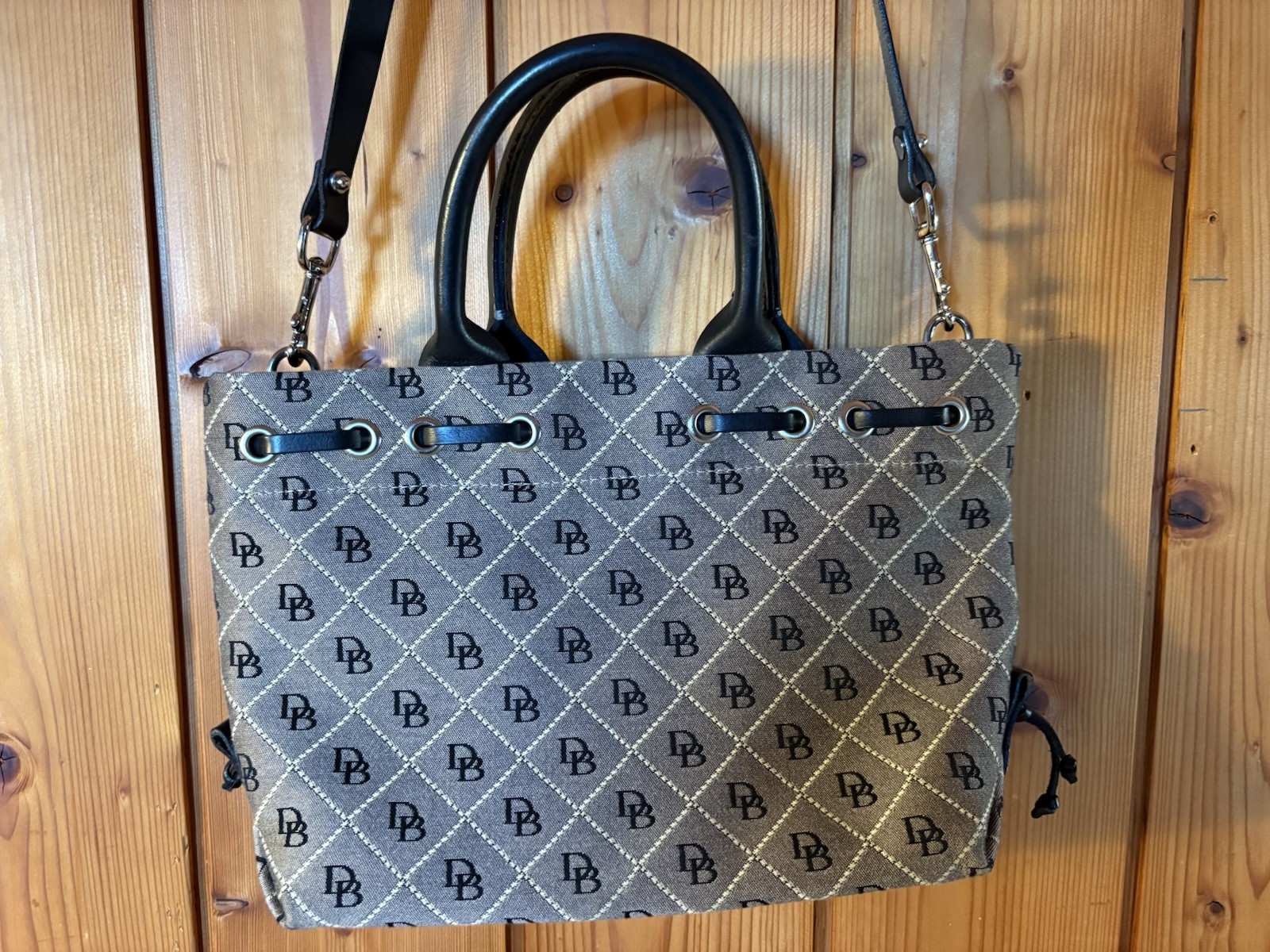 VINTAGE DOONEY AND BOURKE gray Black Monogram Handbag Canvas Leather 12x8x4.5”