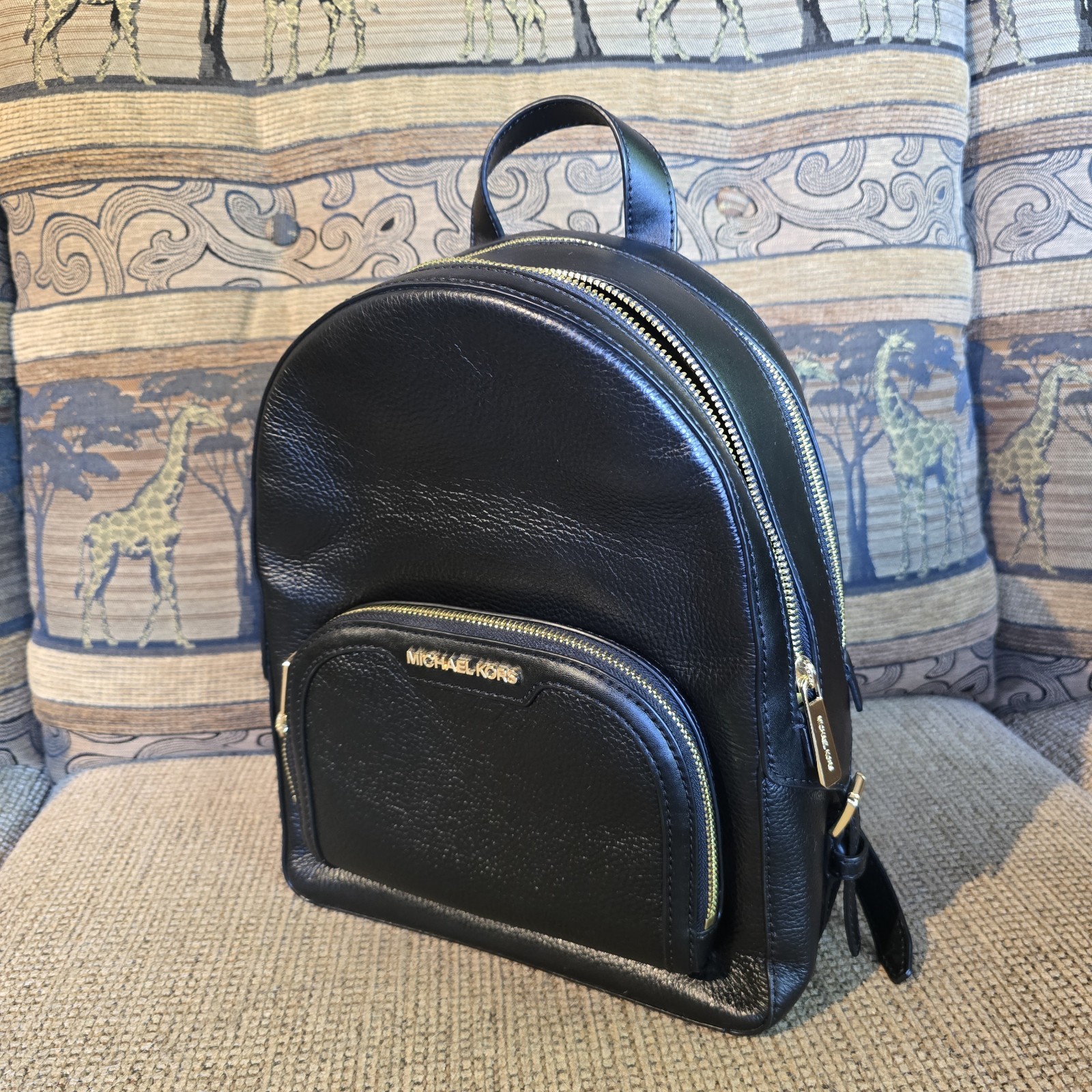 Michael Kors Jaycee Black Medium Backpack Zip Top Gold Hardware Logo Pockets