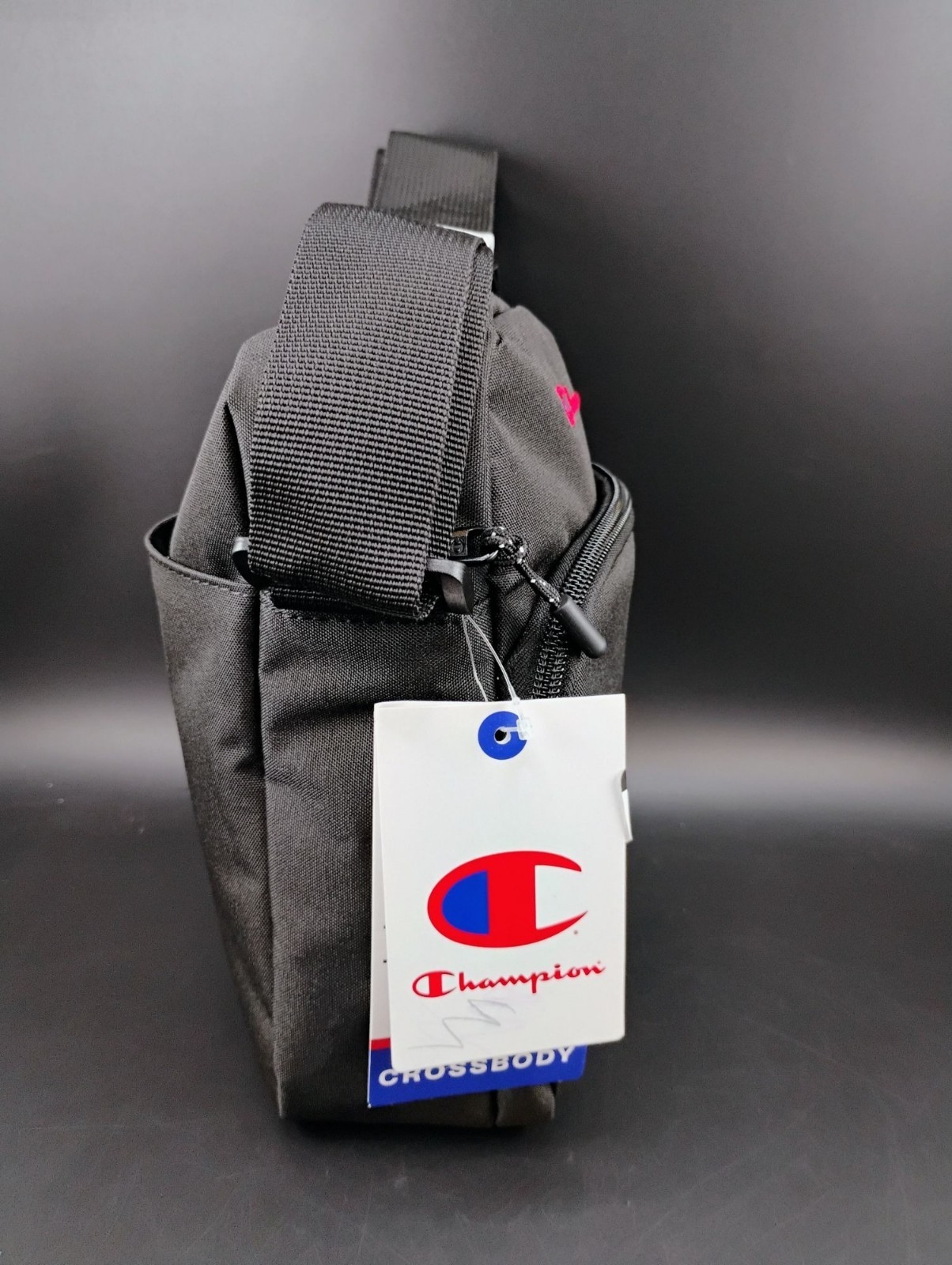 Champion Logo Black Crossbody Bag Adjustable Strap Compact Design