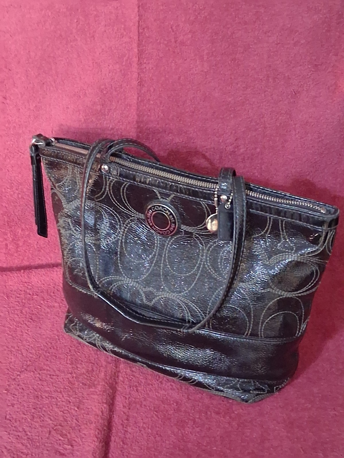Coach Signature Sis Stitch Black Patent Leather Medium Tote Shoulder Bag