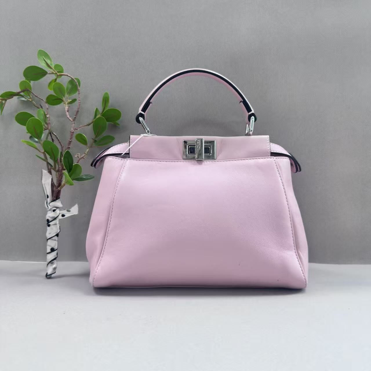 Fendi Peekaboo Light Pink Smooth Leather Silver Twist Lock Top Handle Bag