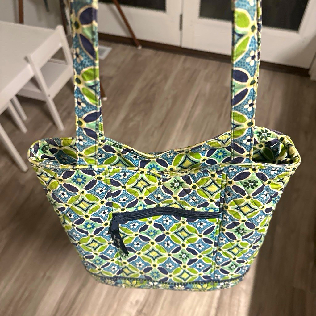 Women’s Medium Tote Bag Geometric Floral Blue Green Zip, Pockets, Lined