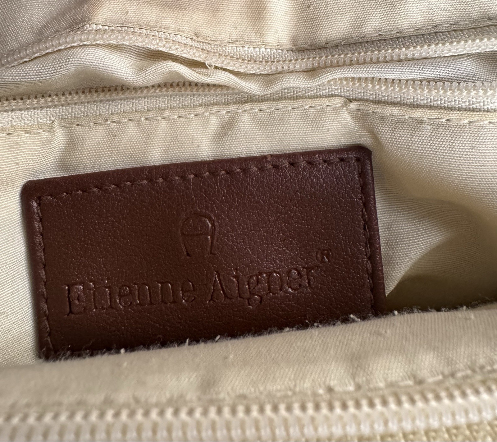 Etienne Aigner Woven Straw Shoulder Bag Brown Trim Classic Logo Gold Hardware