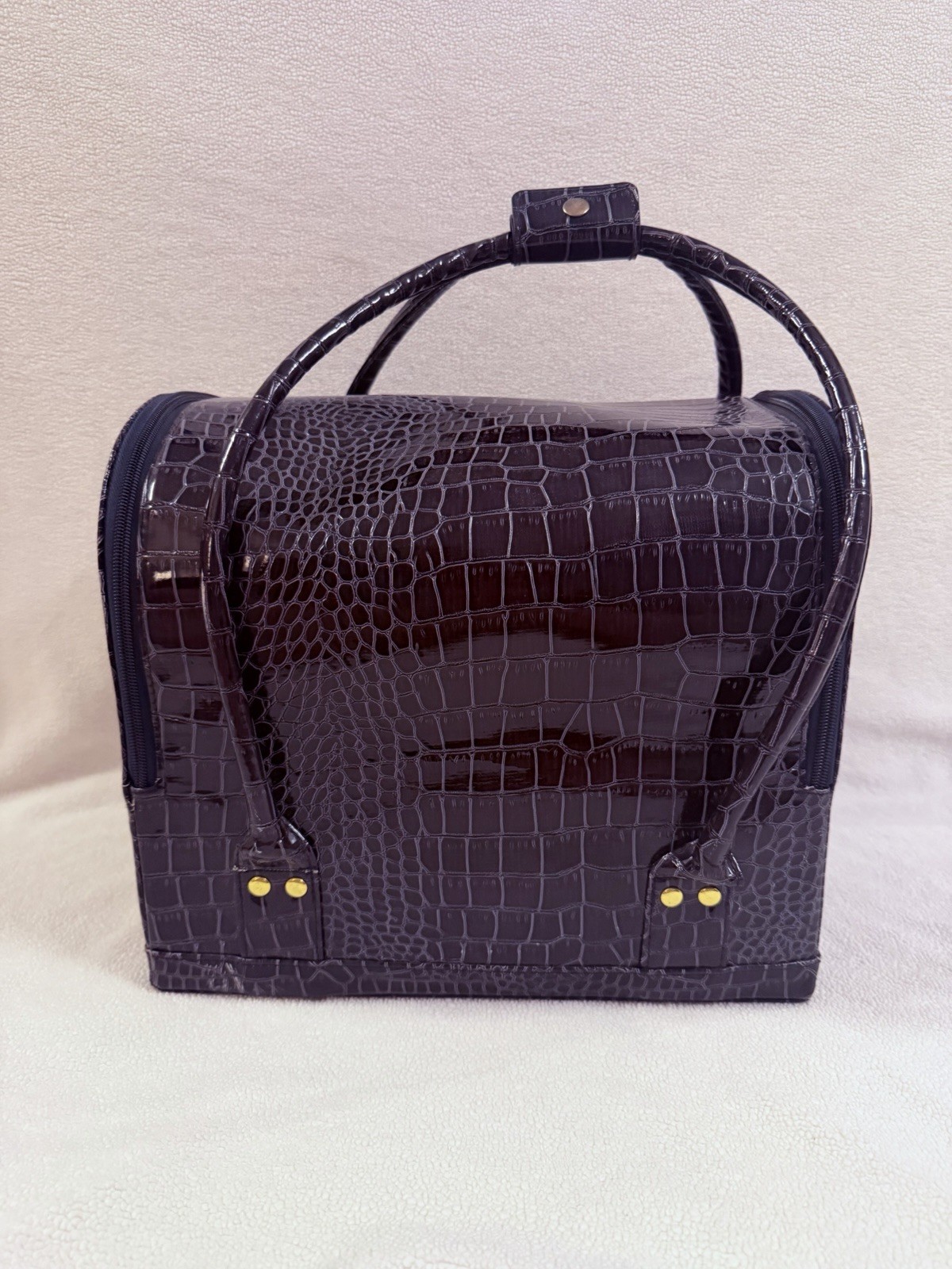 SeneGence International Brown Croc Embossed Satchel, Gold HW Zip, Studs