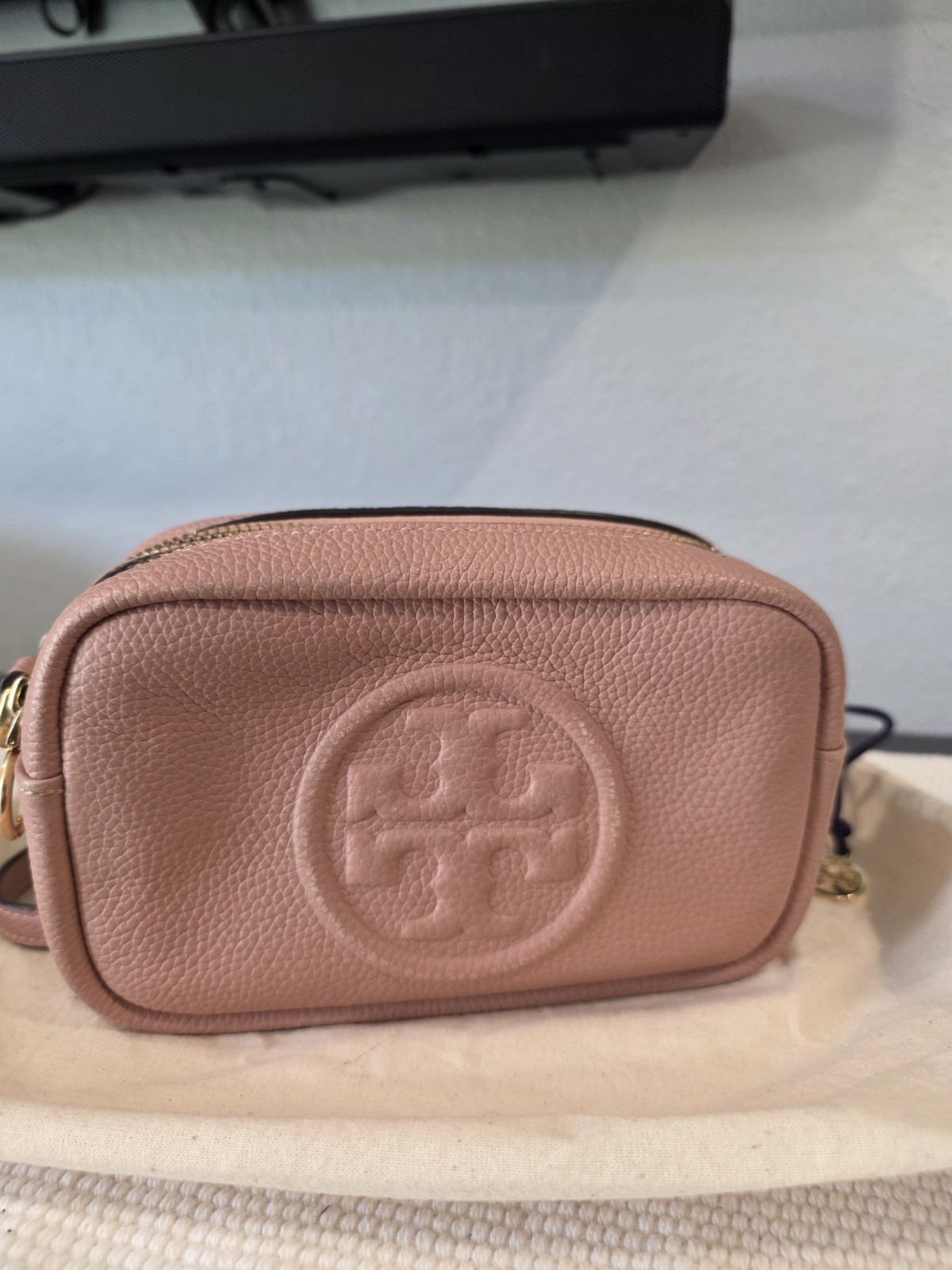Tory Burch Light Pink Pebbled Crossbody Bag Double Compartment Gold Hardware