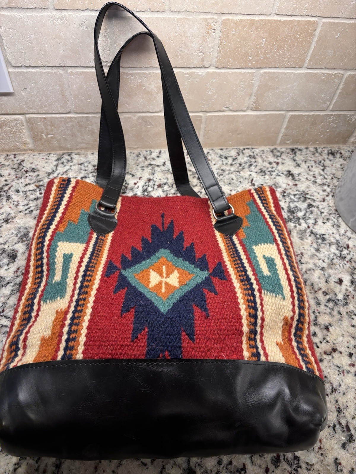 El Paso Saddle Blanket Wool & Leather Tote Bag Purse Aztec Boho L 14″x14.5″x3″