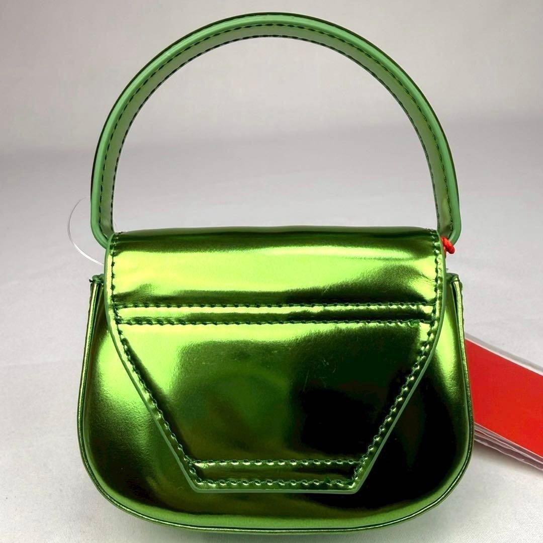 DIESEL 1DR Mini 2WAY Shoulder Bag Metallic Green Cow Leather Top Handle Auth