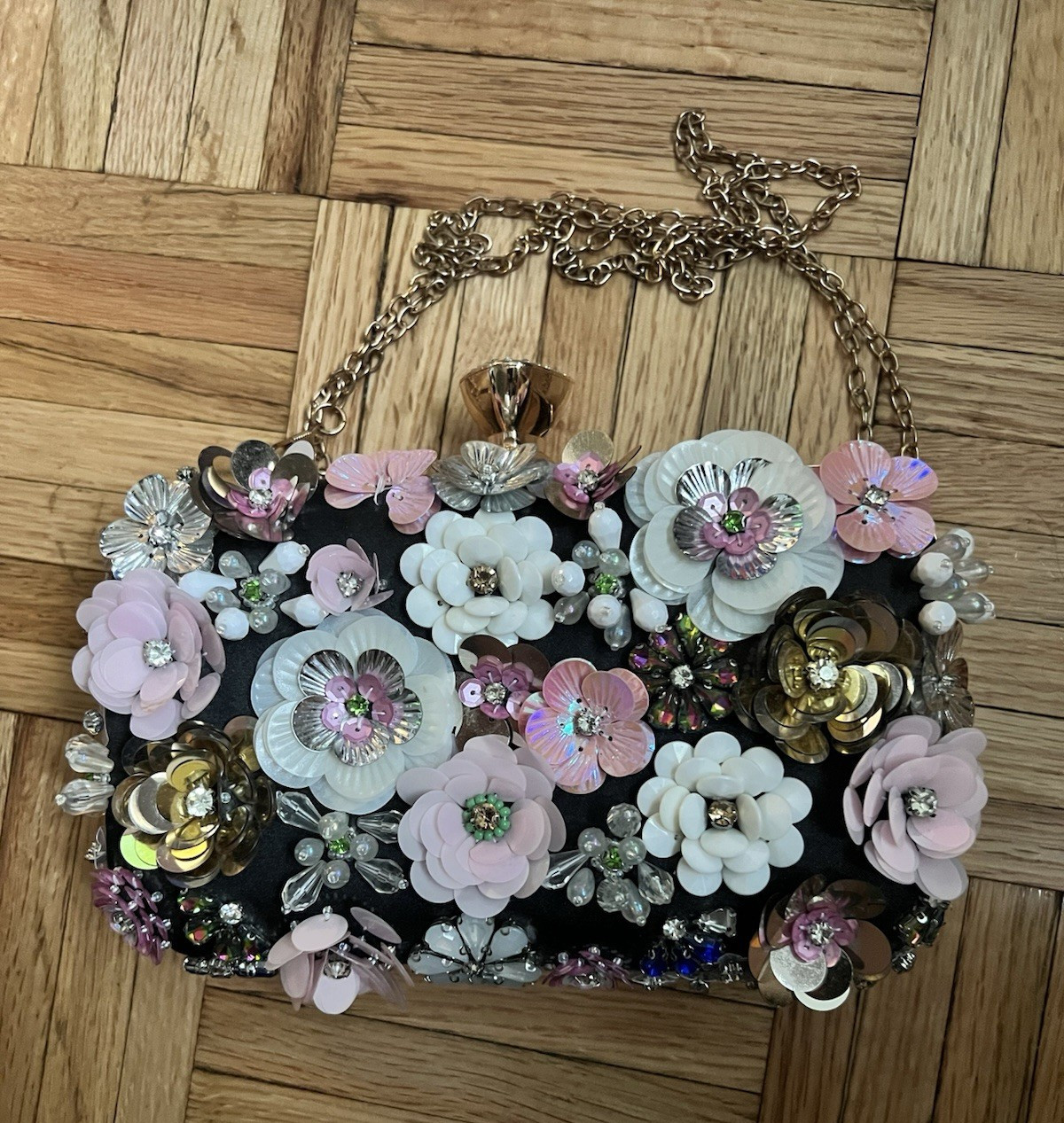 Womens Small Floral Multicolor Clutch Beaded Sequin Embroidered Gold Chain