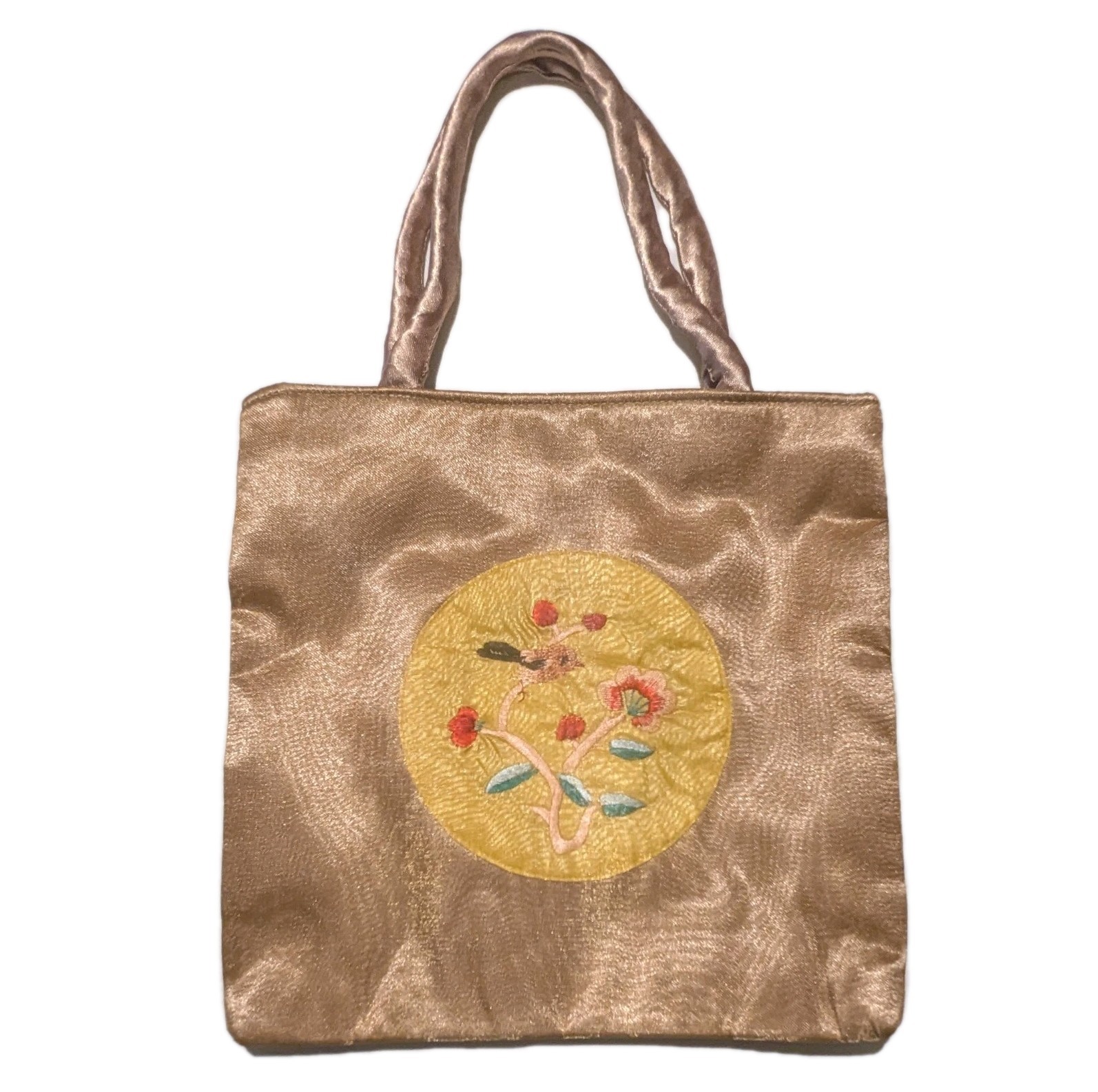 Gold Tote Style Handbag Satin & Sheer Fabric Overlay Zip Top Floral Embroidery