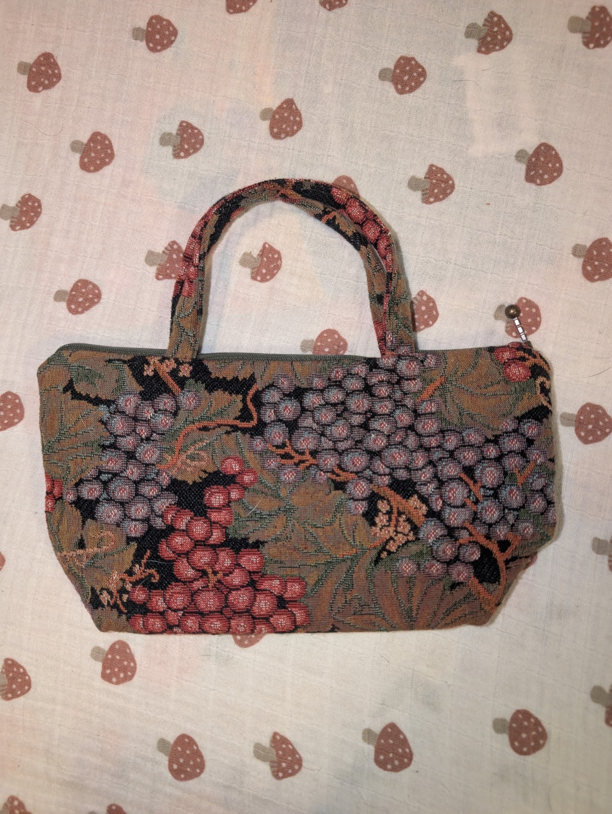 Maruca Handbag Tapestry Tan Double Handle Boho Chic Cottagecore Grapes Wine USA