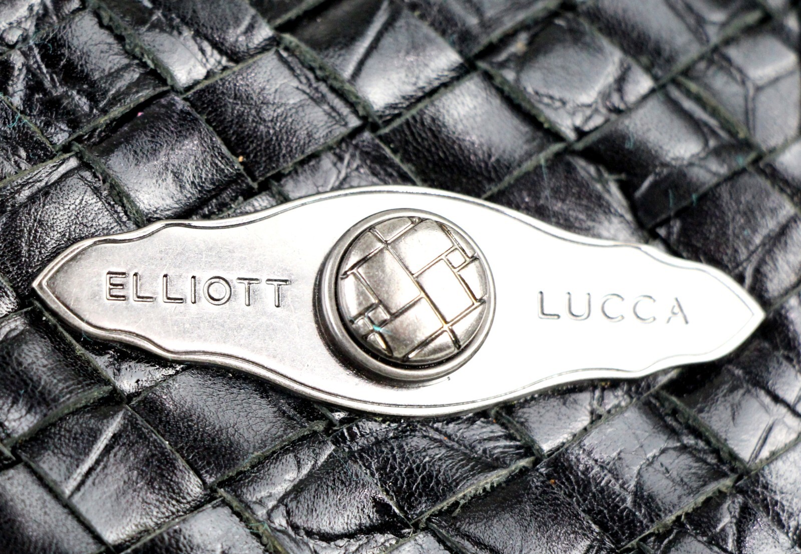 Elliott Lucca WOVEN BLACK GENUINE LEATHER CROCO PRINT SHOULDER BAG HANDBAG HOBO