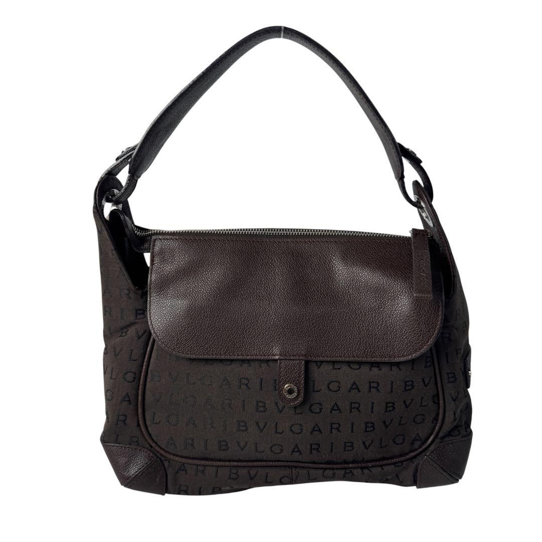 BVLGARI Logomania Canvas Leather One Shoulder Bag Brown #M-250
