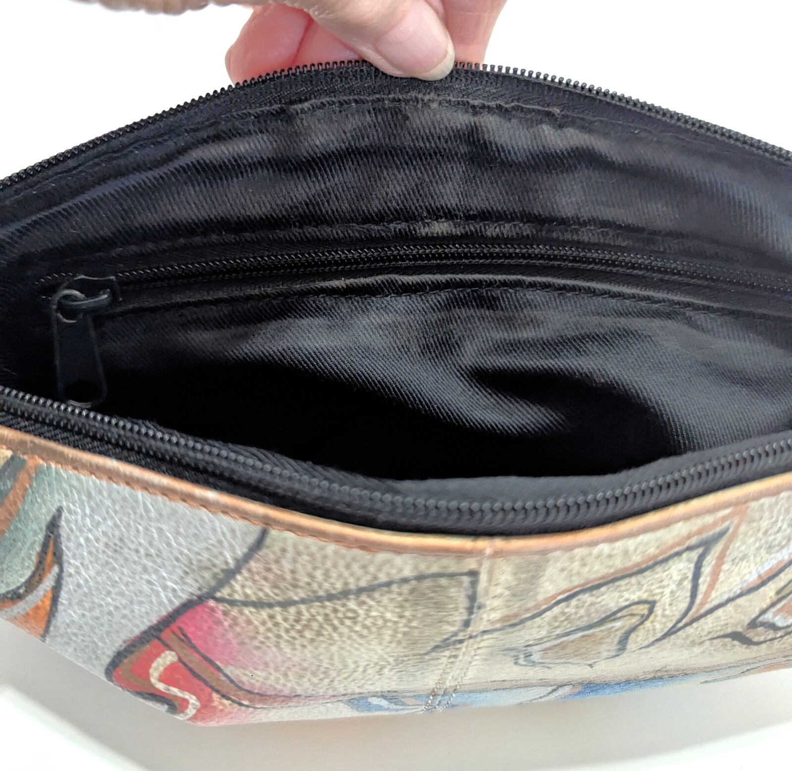Vintage Hand Painted Leather Hobo Shoulder Bag Tan w Blue, Peach, Silver, Black