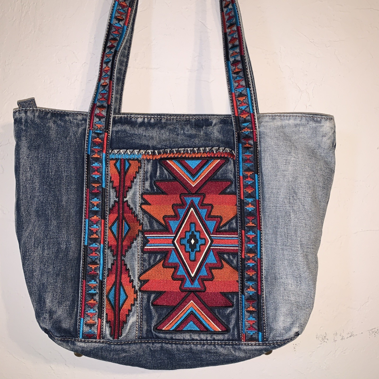 Patricia Nash Montana Collection Nevoso Denim Tote Aztec Embroidery 12 x 15 Tote