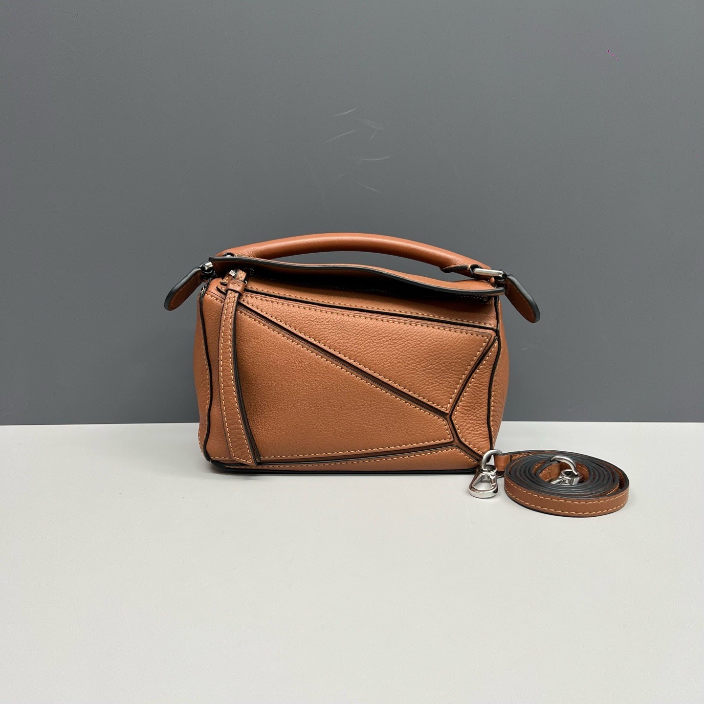 AUTH Loewe Mini Puzzle Handbag Crossbody Bag Caramel Patchwork Leather Silver HW