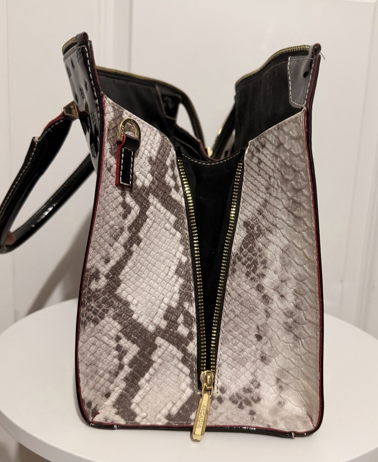 Arcadia Black Patent Leather Snake Embossed Sides Bag, No Shoulder Strap