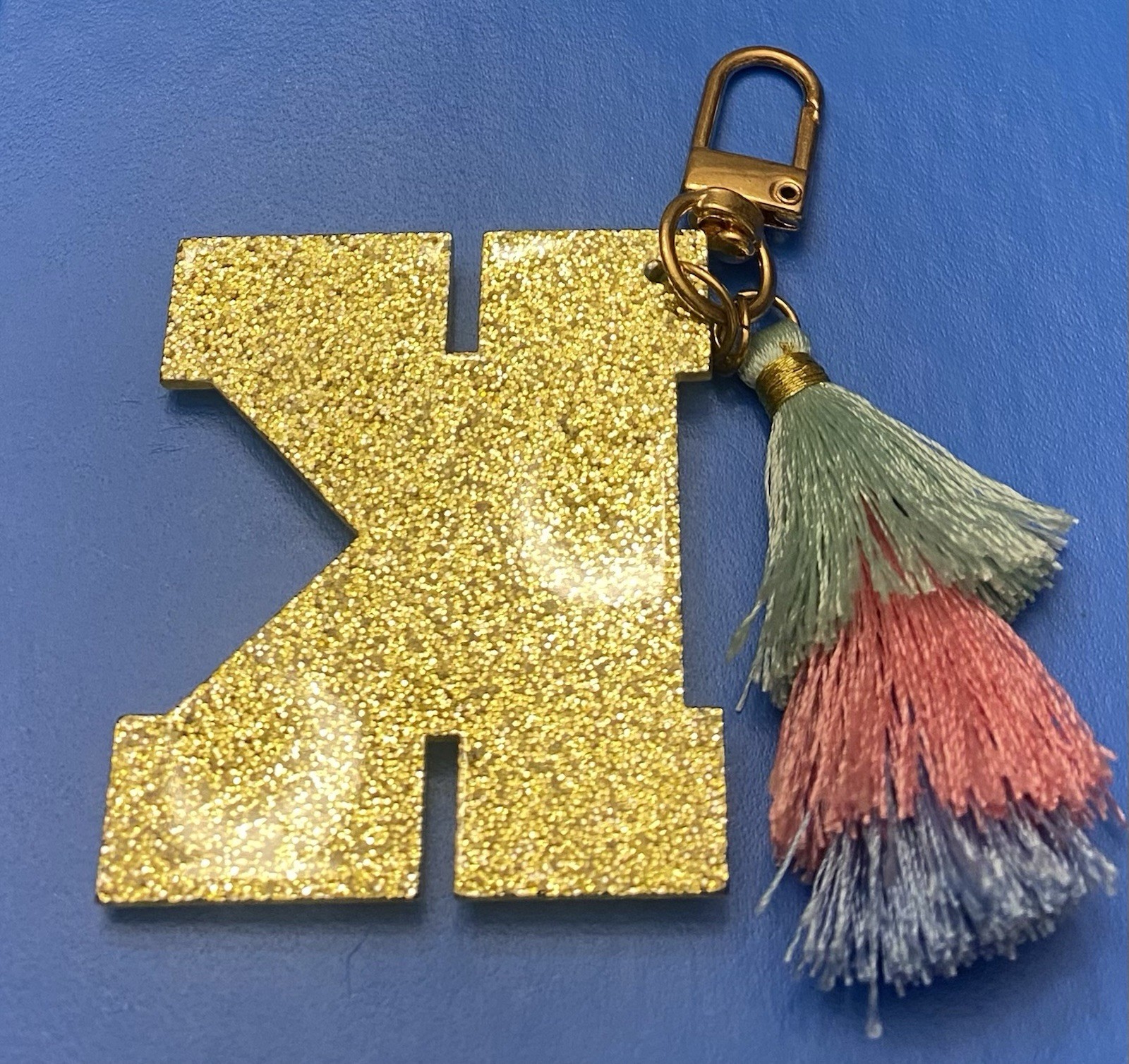 Very Cute 3.25” Initial Monogram K Bag Hat Clip Blues & Pink Tassels