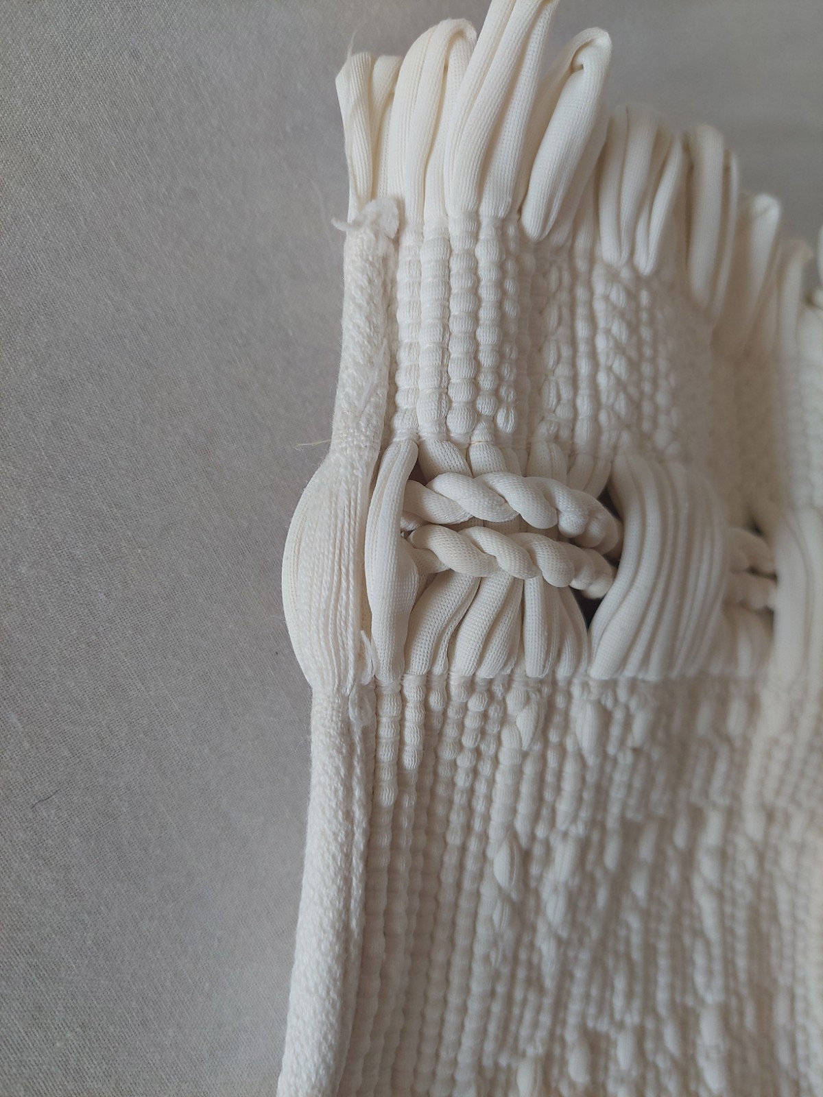 Bridal White Drawstring Silky Nylon Woven Loop Fringe Bucket Purse Vintage Bag