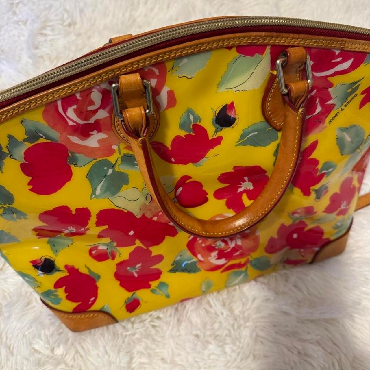 Dooney & Bourke Yellow Floral Satchel with Brown Trim