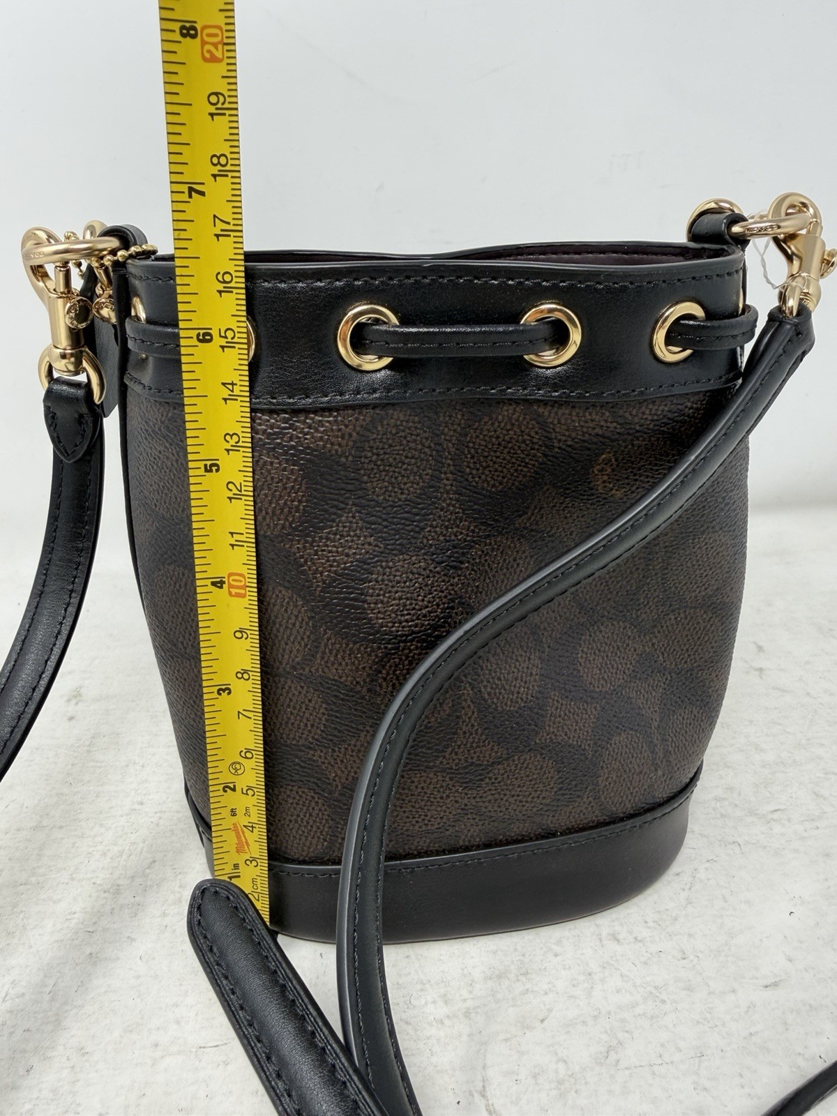 $298 Coach Mini Bucket Walnut/Black Leather Drawstring Bag In Signature Canvas