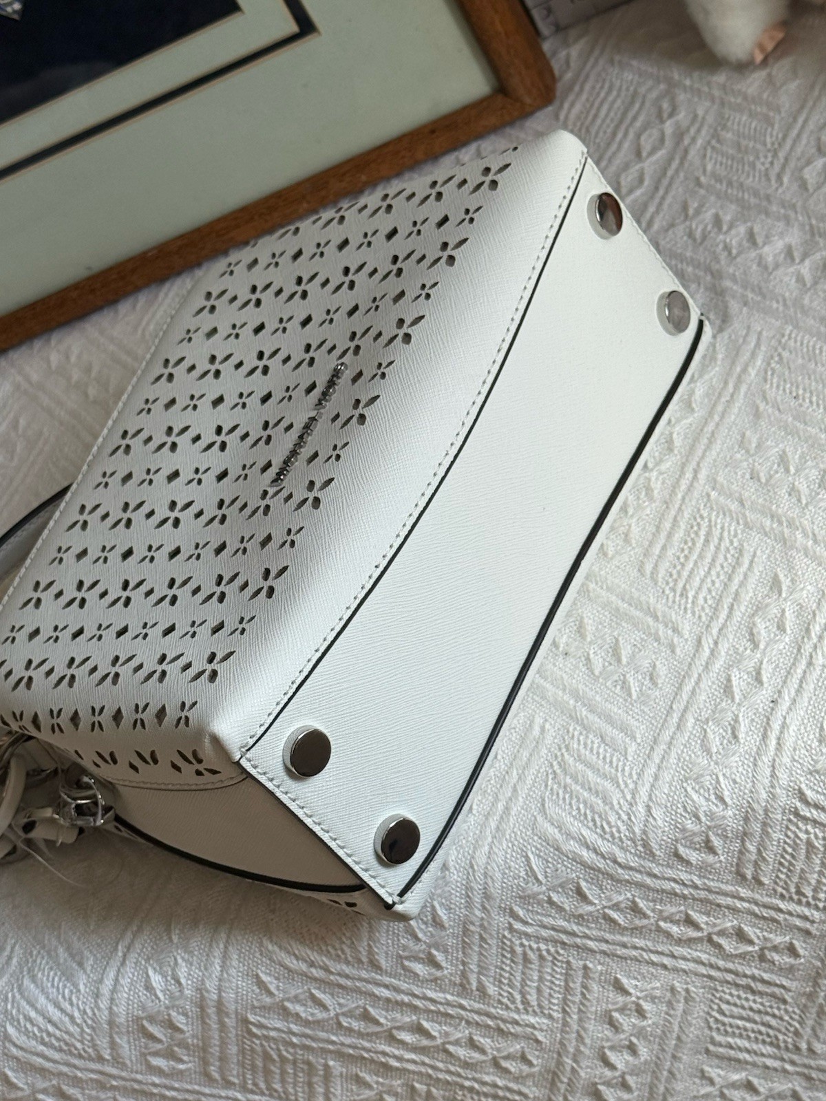 NWT Michael Kors Portia Laser Cut Small Satchel In Optic White