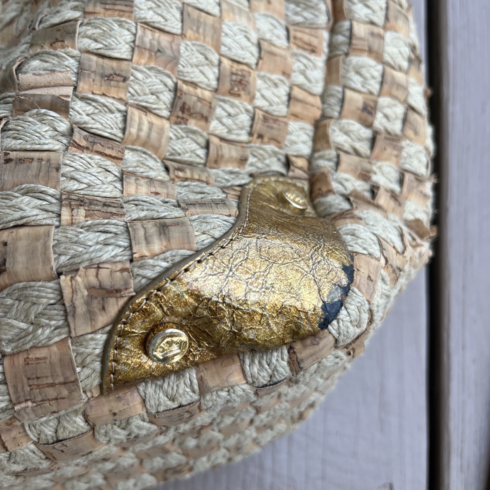 ELAINE TURNER Woven Cork Rope Tote Shoulder Bag Gold Leather Handles Boho