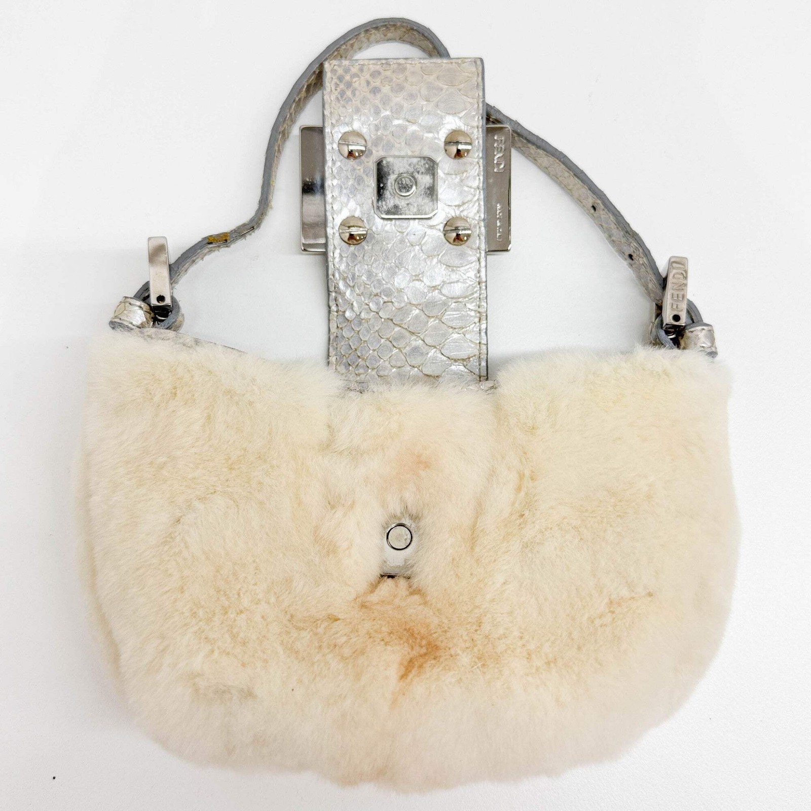 FENDI Mini Croissant Cream Rabbit Fur Hand Bag