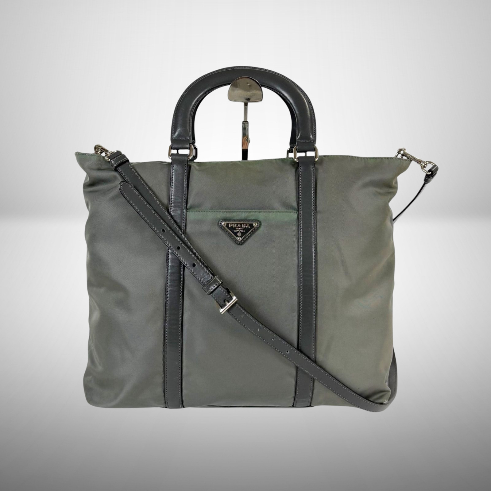 Auth PRADA 2way Shoulder Tote Bag Handbag Bomber Tessuto Nylon Gray Khaki Women