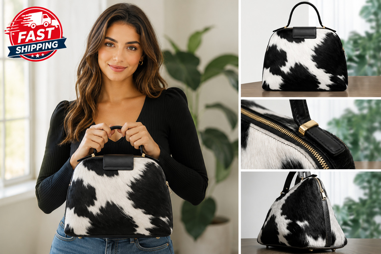 Women’s Hair On Cowhide Leather Shoulder Bag Natural Black White Western Purse