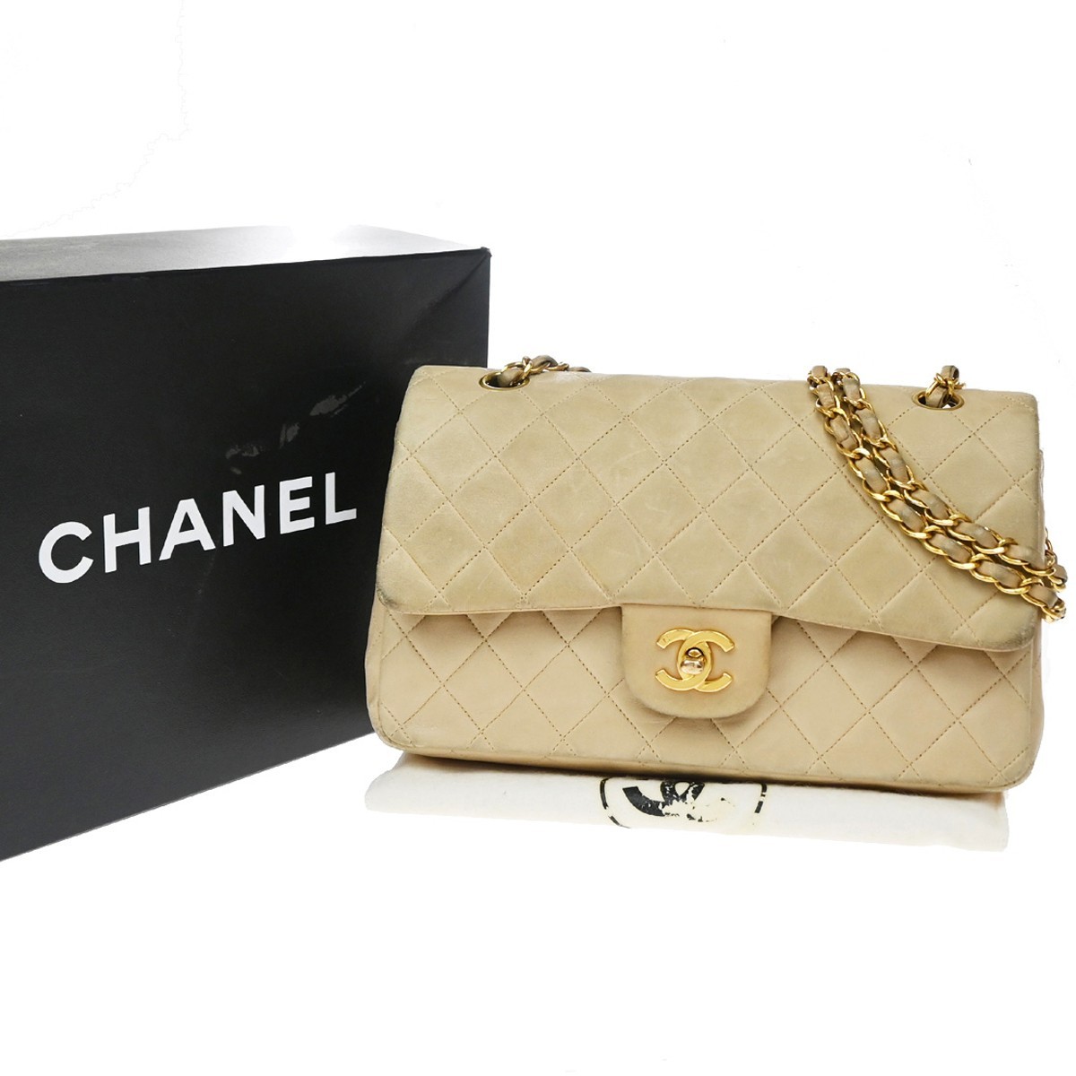 CHANEL Matelasse 25 Double Flap Cahin Shoulder Bag Leather BeigeVintage 876RP202