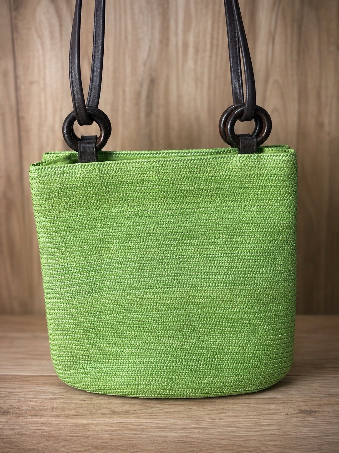 St. John’s Bay Green Woven Shoulder Bag Purse Brown Leather Strap Ring