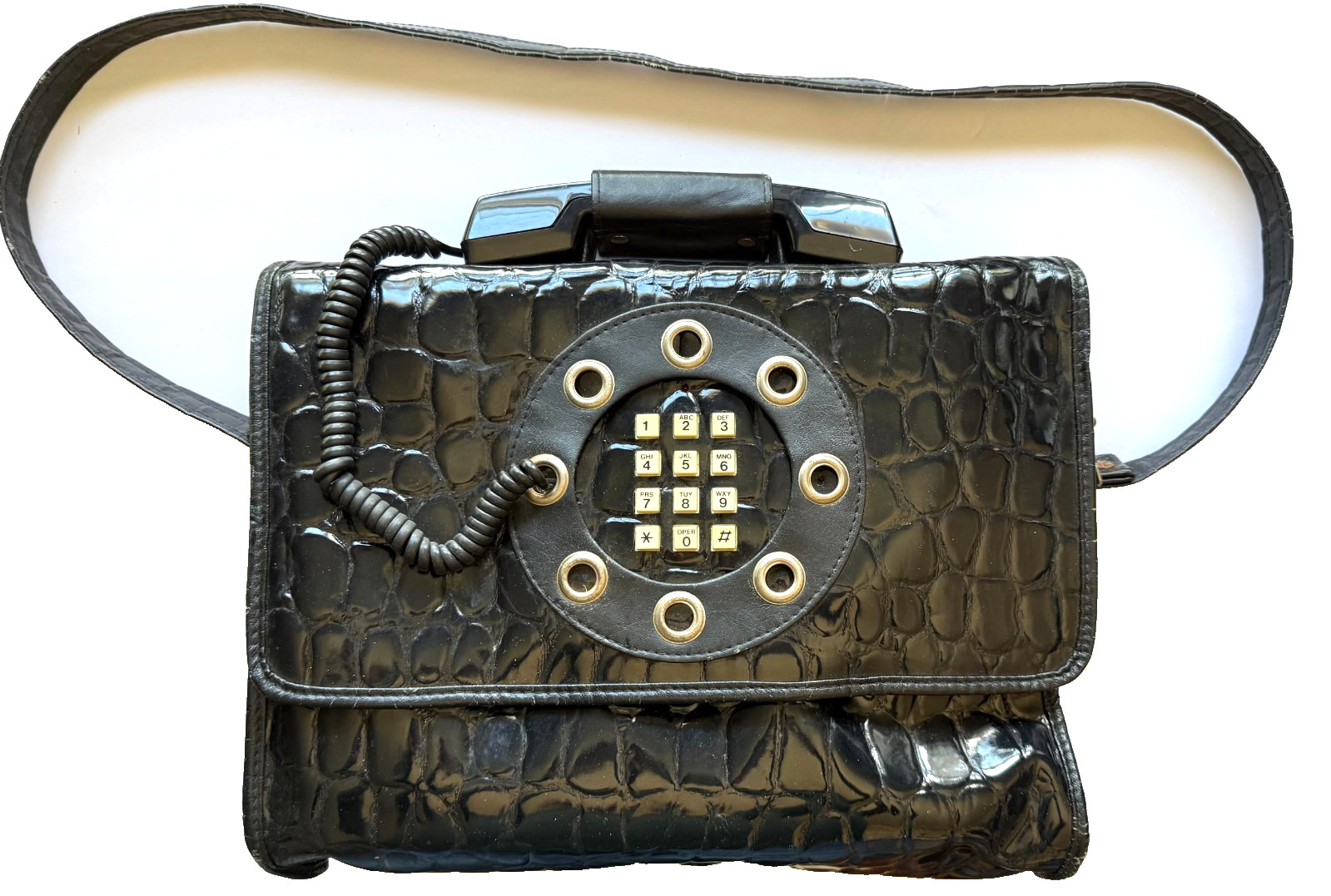 VINTAGE BLACK PATENT LEATHER BRIEFCASE WORKING TELEPHONE HANDBAG / MESSENGER BAG
