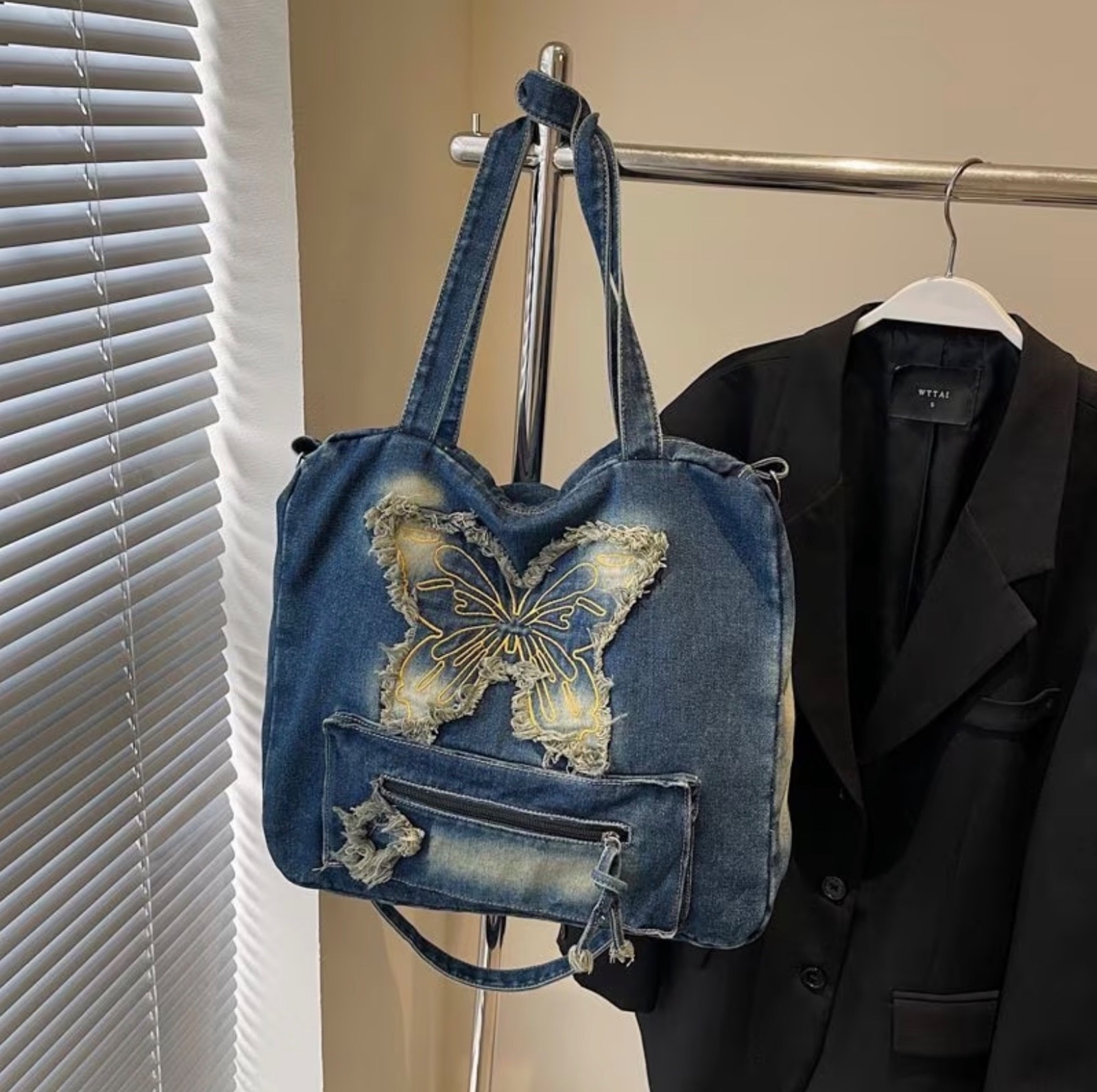 Dark Blue Denim Crossbody Shoulder Bag With Butterfly Design