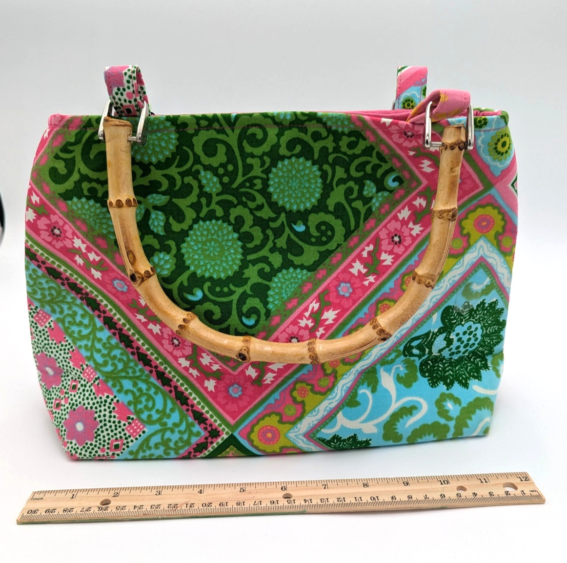 B’s Designer Purse -Colorful Patchwork Fabric Bag w/ Bamboo Handles NWT-USA Made