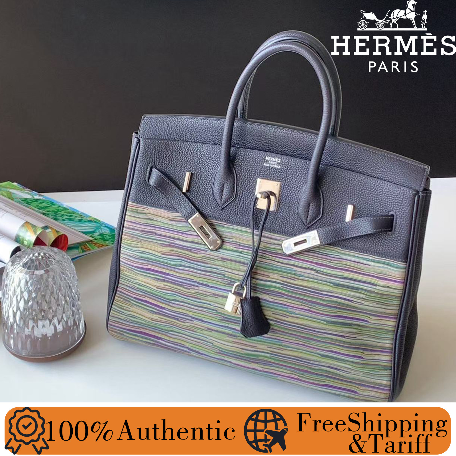 Auth Hermes Birkin35 Vibrato Night Blue 73 Togo Calfskin Canvas PHW Handbag
