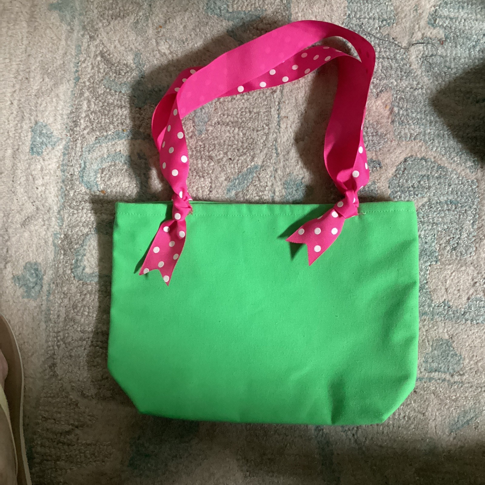 Green Pink Medium Tote Bag Zip Top Pink Polka Dot Ribbon Handles Bow Det Strap