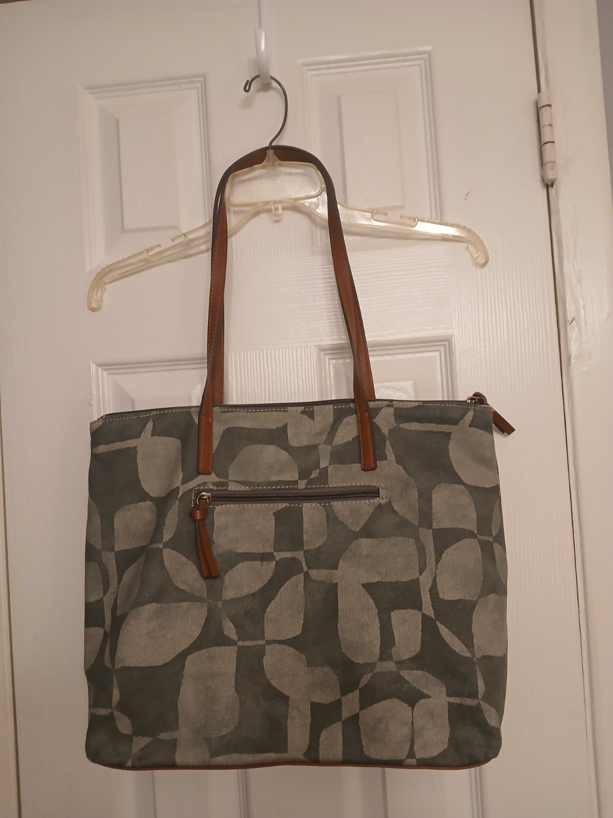 Sonoma Gray Geometric Print Zipped Canvas Tote Bag w/Faux Leather Trim