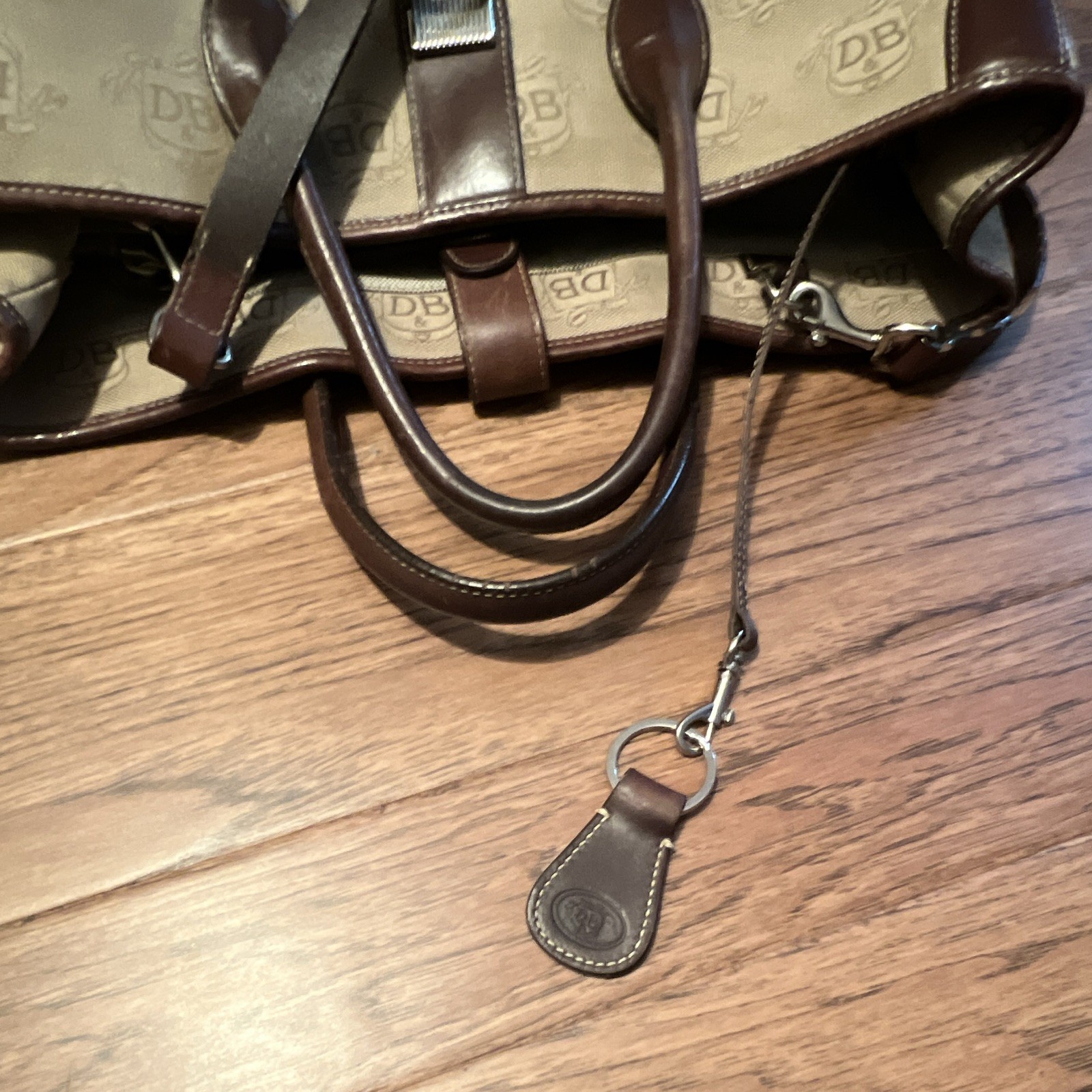 Dooney & Bourke Beige Brown Logo Satchel Zip Detachable Crossbody Strap Pockets