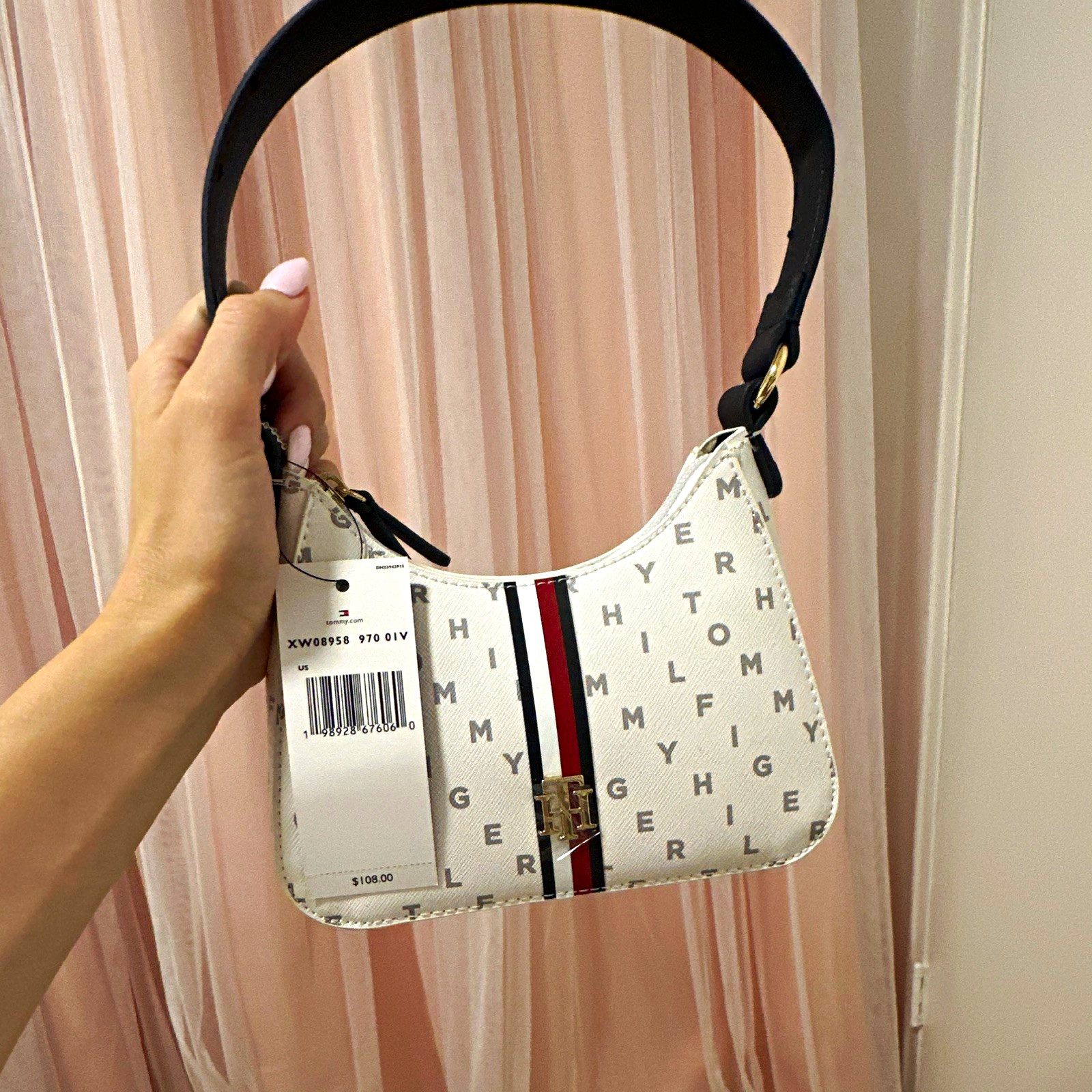 Tommy Hilfiger Logo Print Mini Shoulder Bag White/Black Strap Zip Gold HW