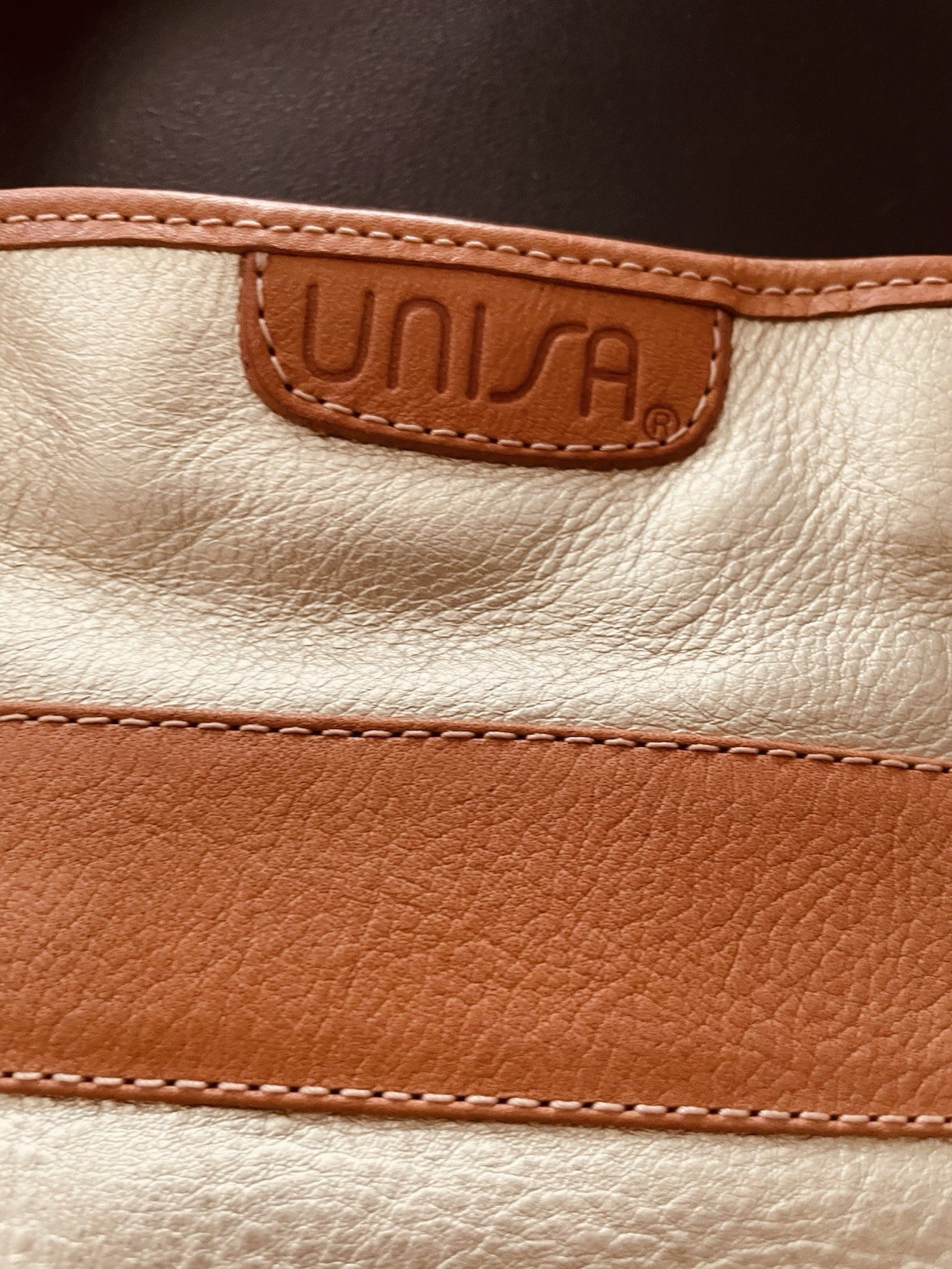 Unisa leather tote bag in a metallic off-white and tan color Large